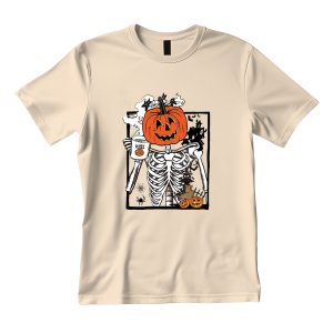 Pumpkin Skeleton Drinking Coffee T-Shirt